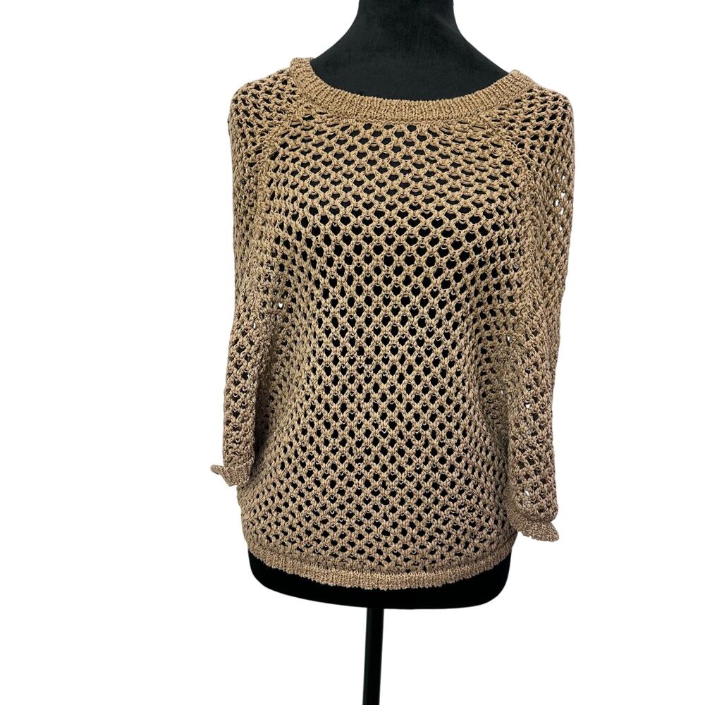BCBG Maxazria Fishnet Woven Brown Tan‎ Top Size Small
